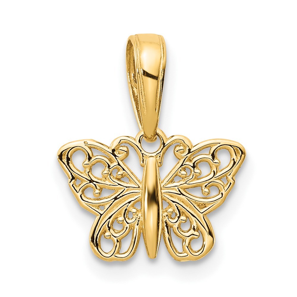 14k Yellow Genuine Gold Polished Filigree Butterfly Necklace Charm Pendant